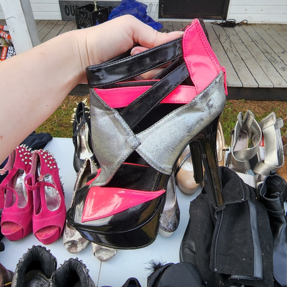 Qupid Black, Pink, and Silver heels